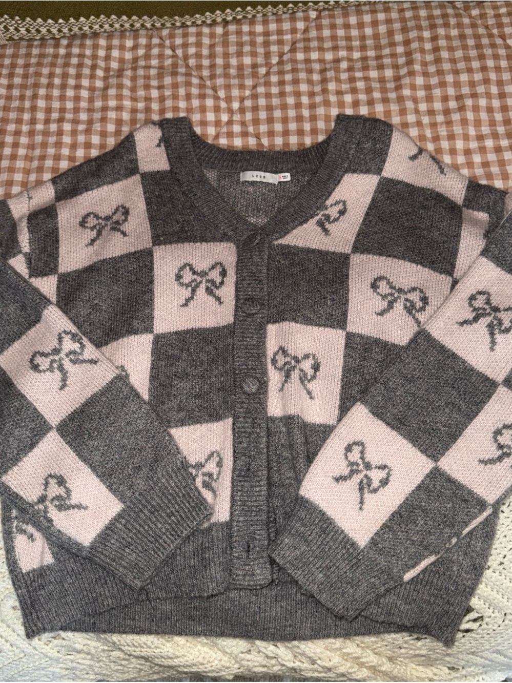 Lush Gray and Pink Checkered Bow Cardigan
